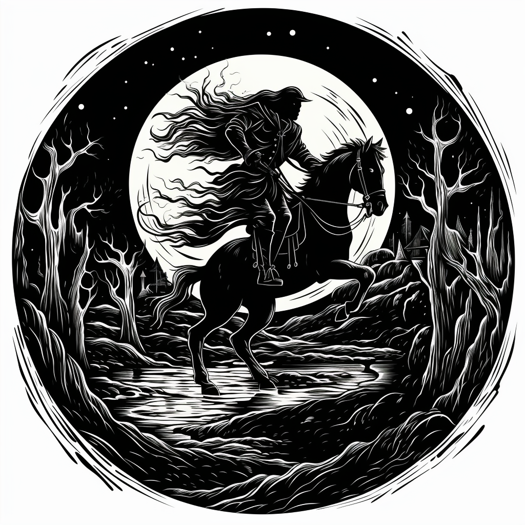 Black and white woodcut art of Sleepy Hollow Headless Horseman