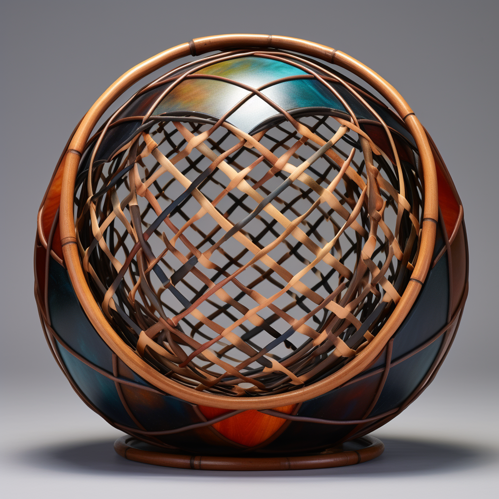 Circular Metal Stained Glass Sculpture of Tongva Weaved Basket