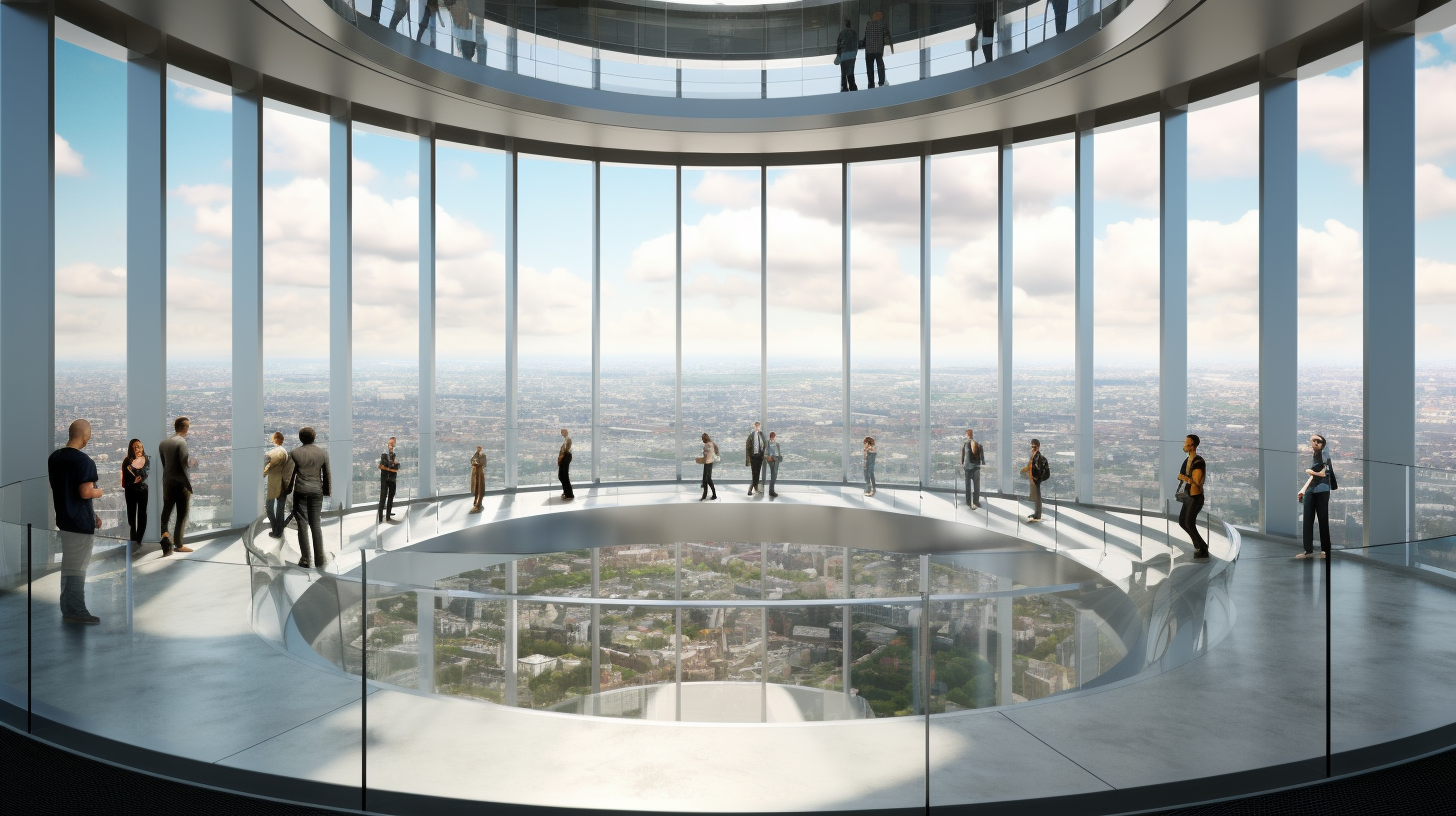 Interior view of circular skyscraper observation deck with ramp