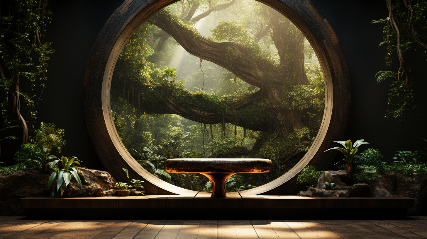 Circular wood plank window and planter in natural setting