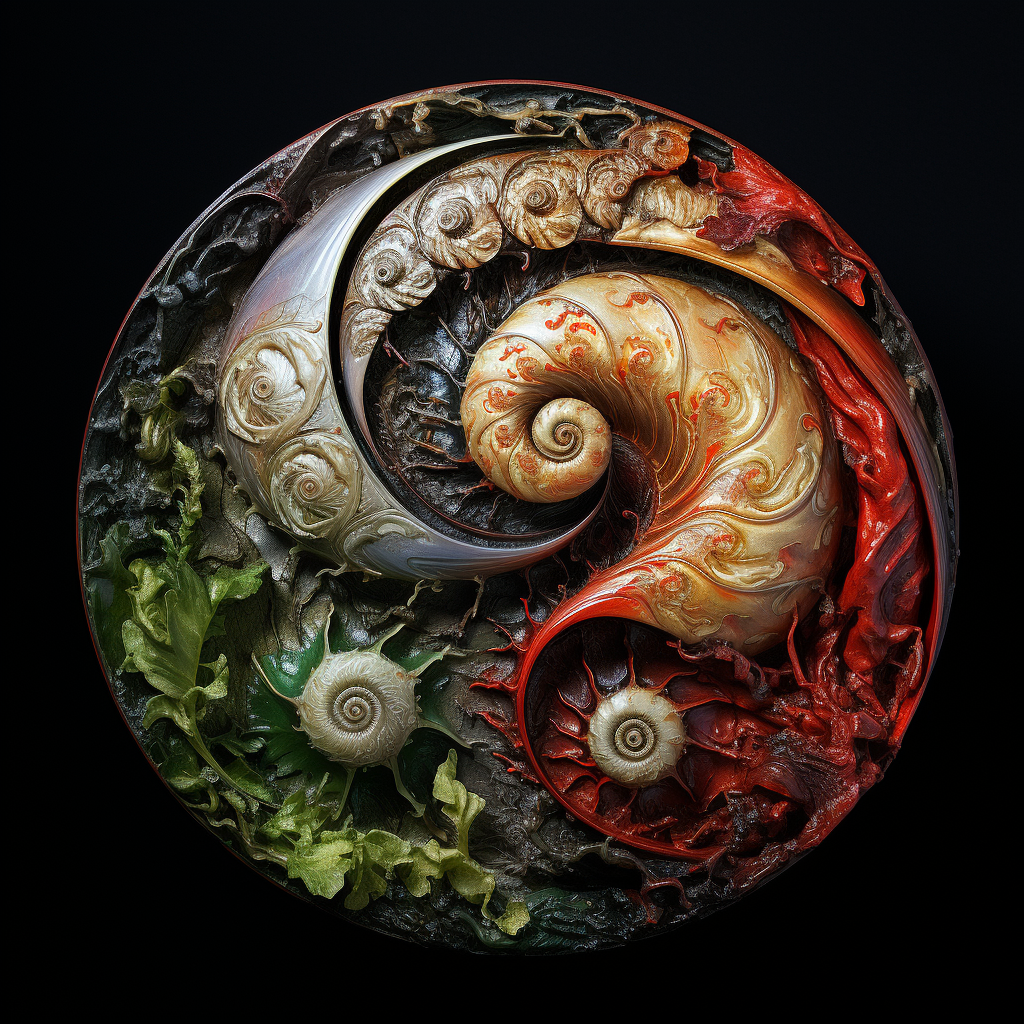 Two snails forming harmonic yin-yang shape