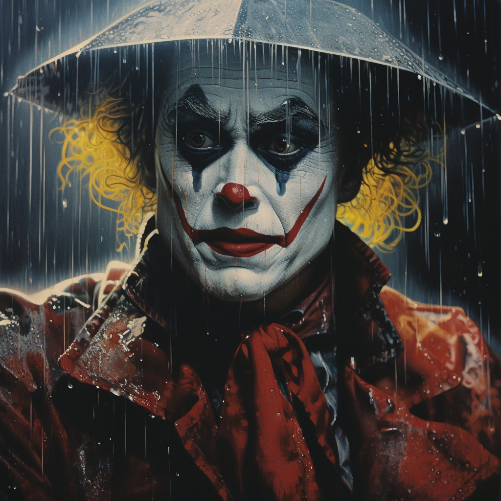 Emotional circus clown crying in rain