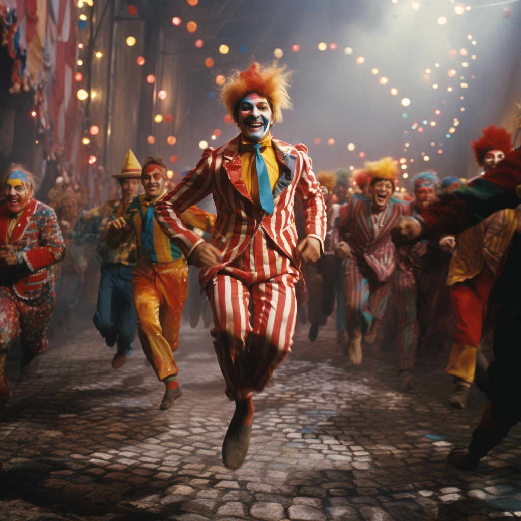 Vintage circus performers running in a field