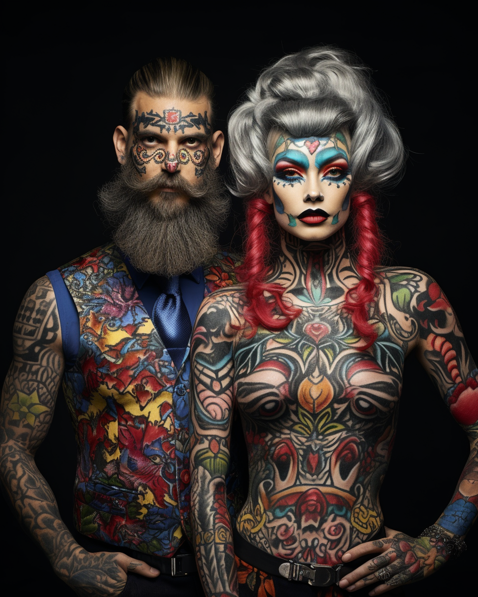 Circus people with tattoos and unique hairstyles  (6 words)