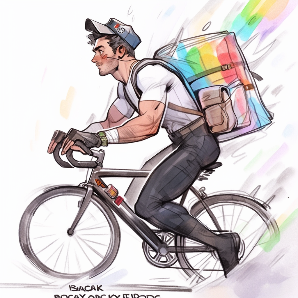 Gay male bicycle courier speeding through city streets