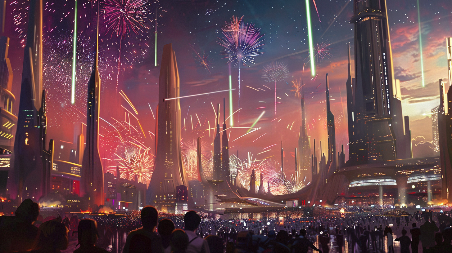 Sci-fi city celebration fireworks illustration