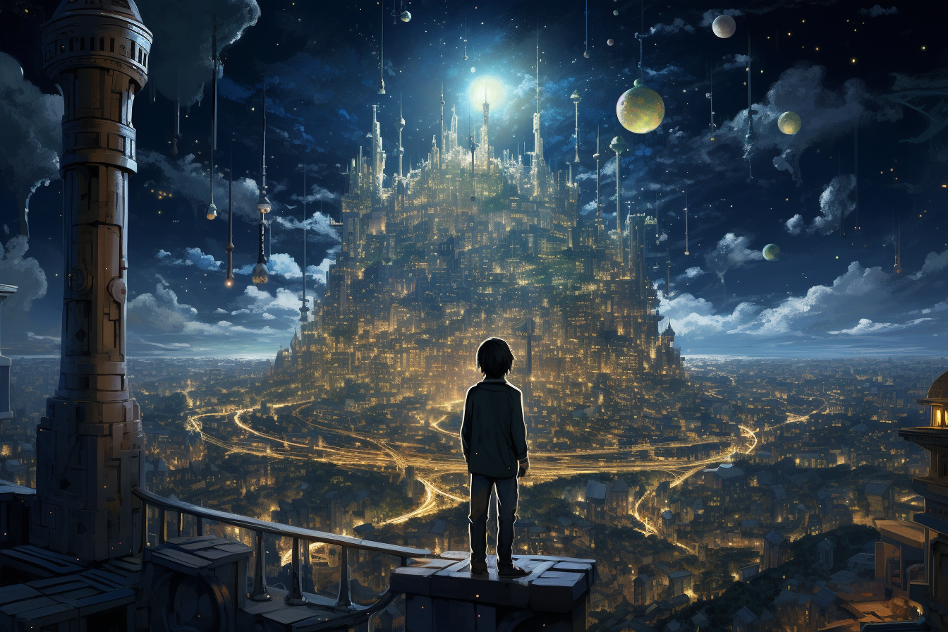 Boy exploring a city of dreams and stars