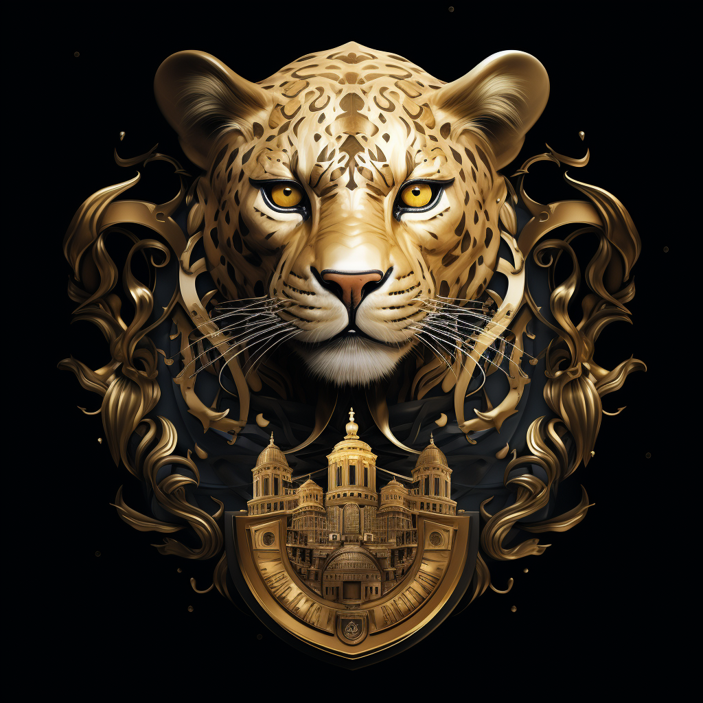 Golden city emblem with royal coat of arms and jaguar