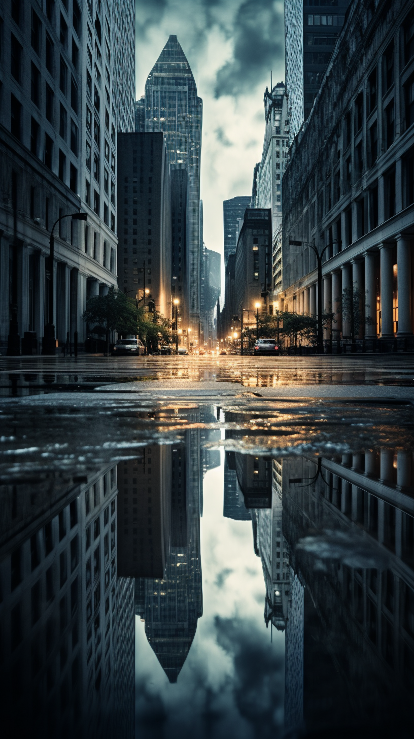 City Flood Reflection on Gloomy Day