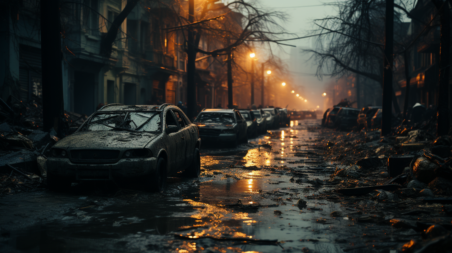 Devastating city flooding tragedy with overturned cars