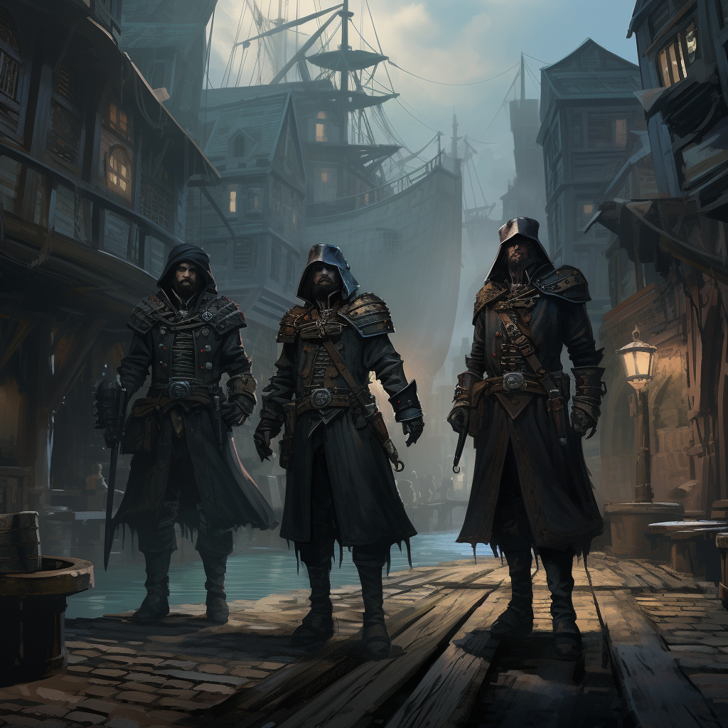 Corrupt city guards patrolling medieval docks