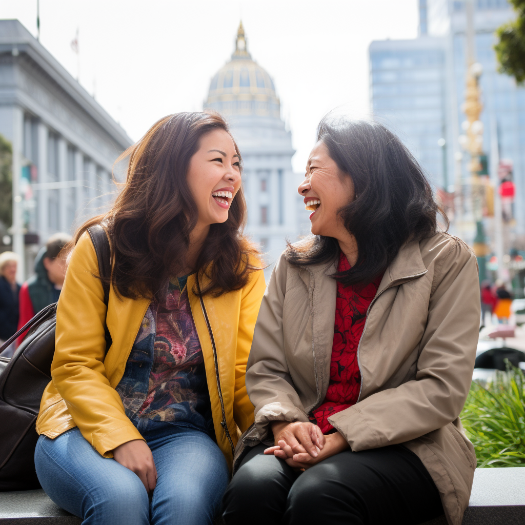 Asian teenager and Latina woman smiling on colorful bench