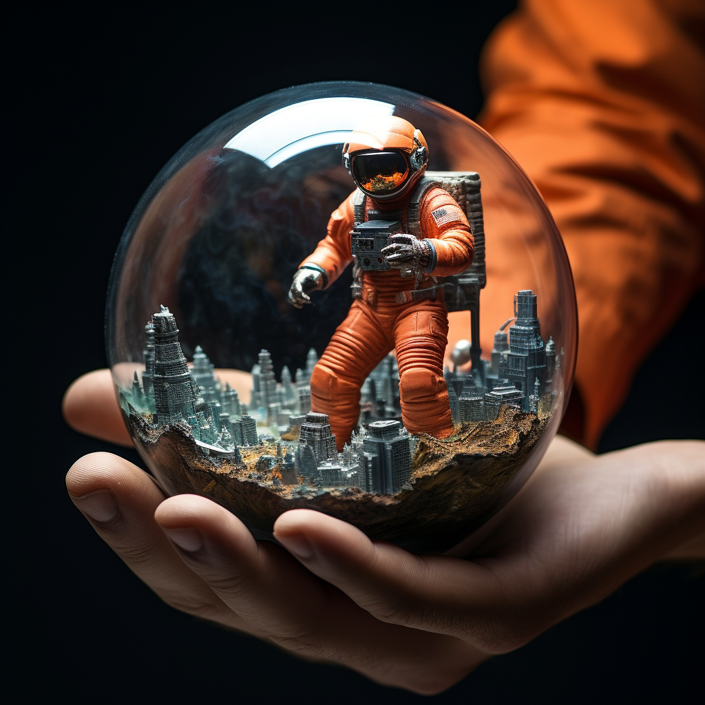 Cosmonaut holding city in hand