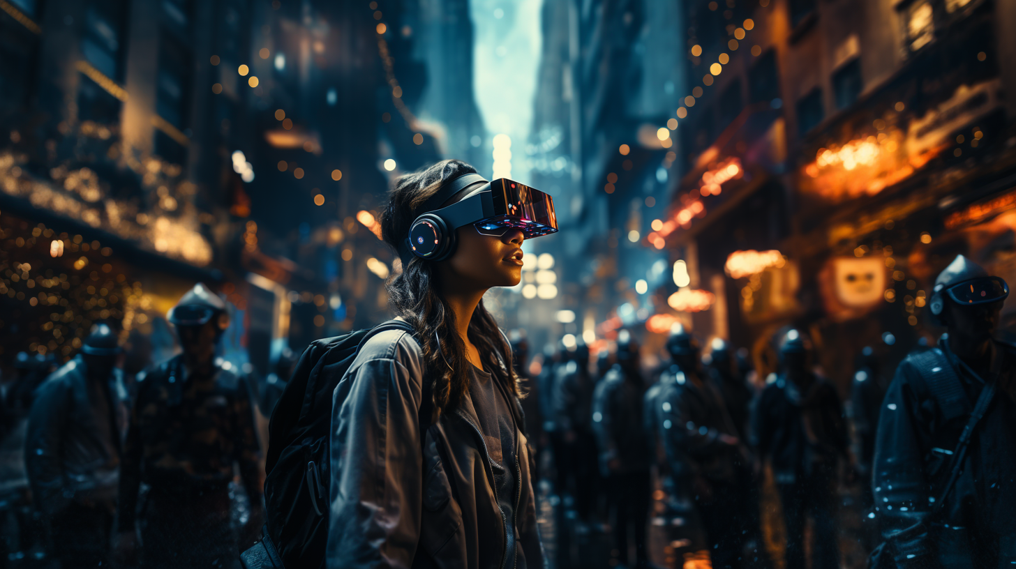 City with illuminated screens and people wearing VR headsets in a cyberpunk digital dystopia