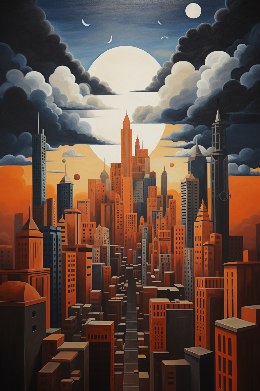 Acrylic painting of a city in the clouds