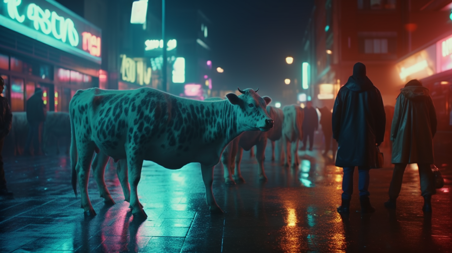 Giant wild cows roaming in the city