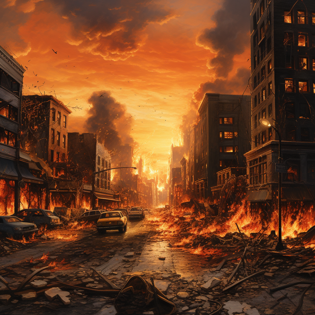 Burning city skyline in photorealistic artwork