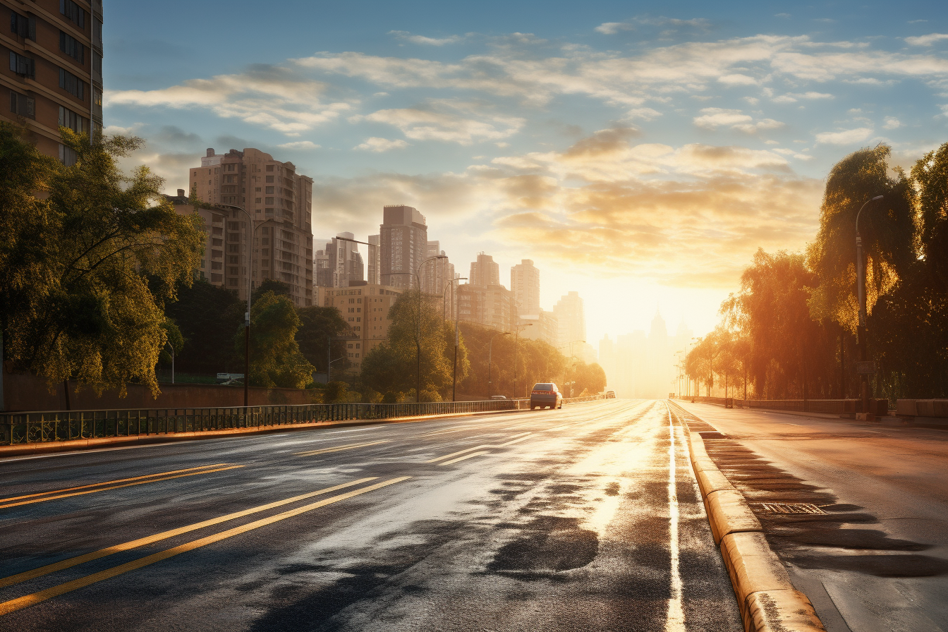 A panoramic city road in the morning light