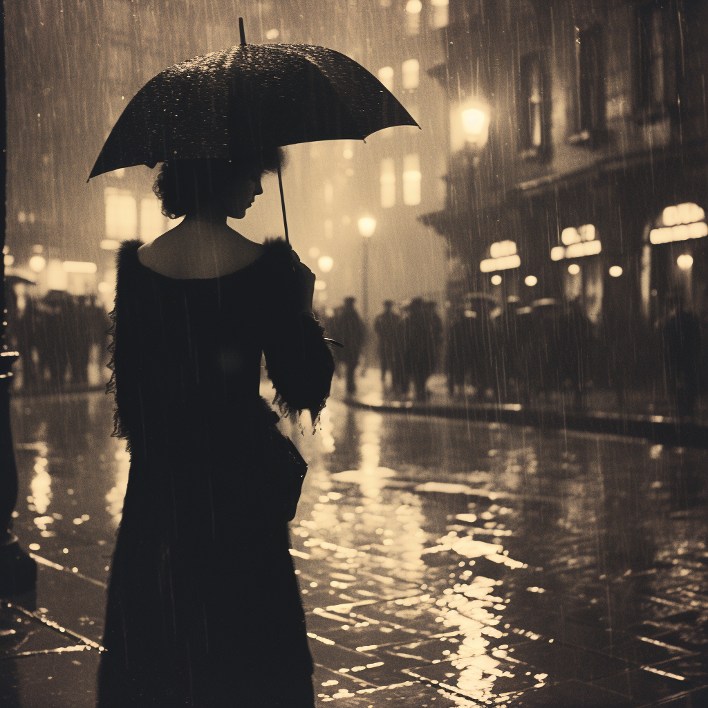 Woman holding umbrella in the rain at night