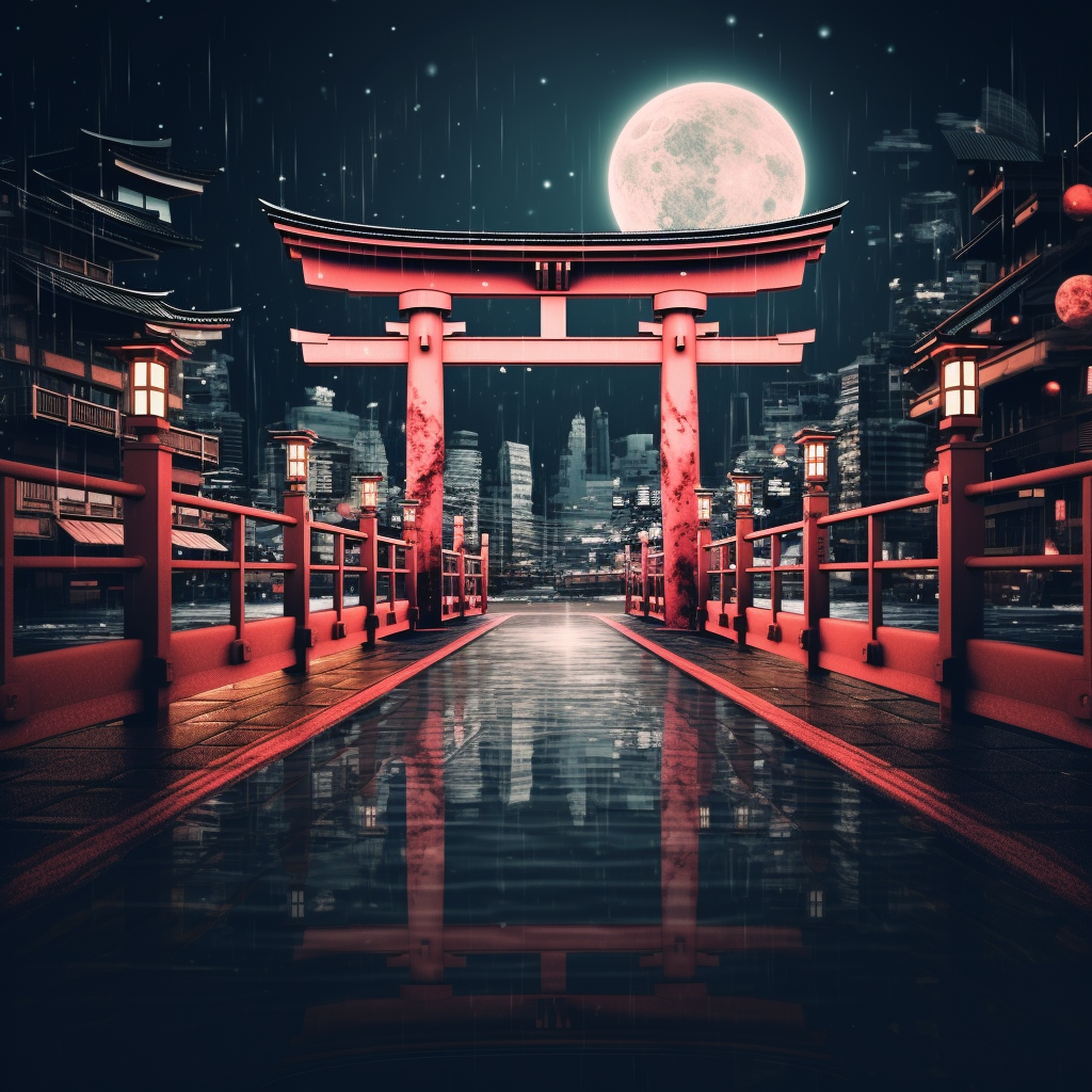 Aesthetic torii gate in city at night