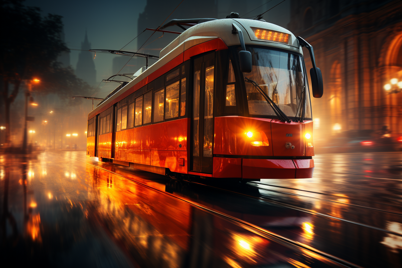 Mystical city night with tram