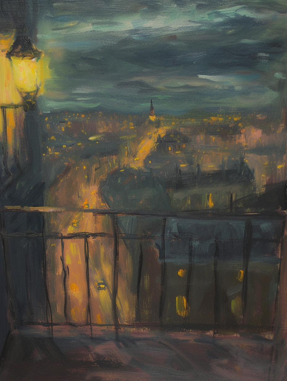 Nostalgic city night viewpoint painting