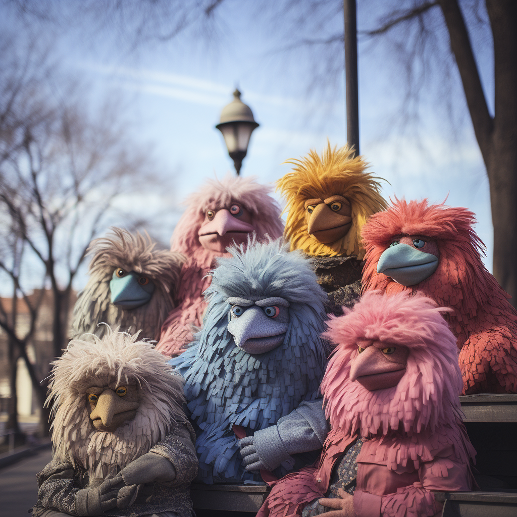 Colorful city park with muppet creatures and real people