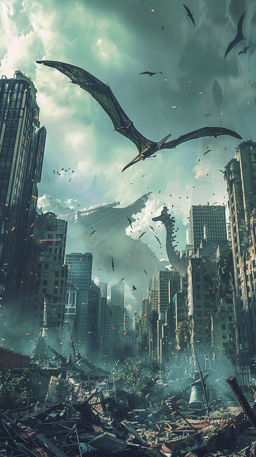 Robot Pteranodon Flying Over City