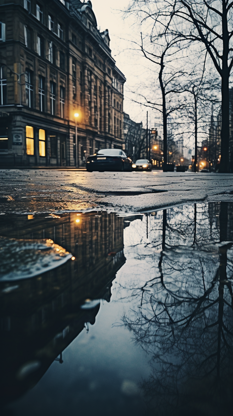 City reflection in puddle