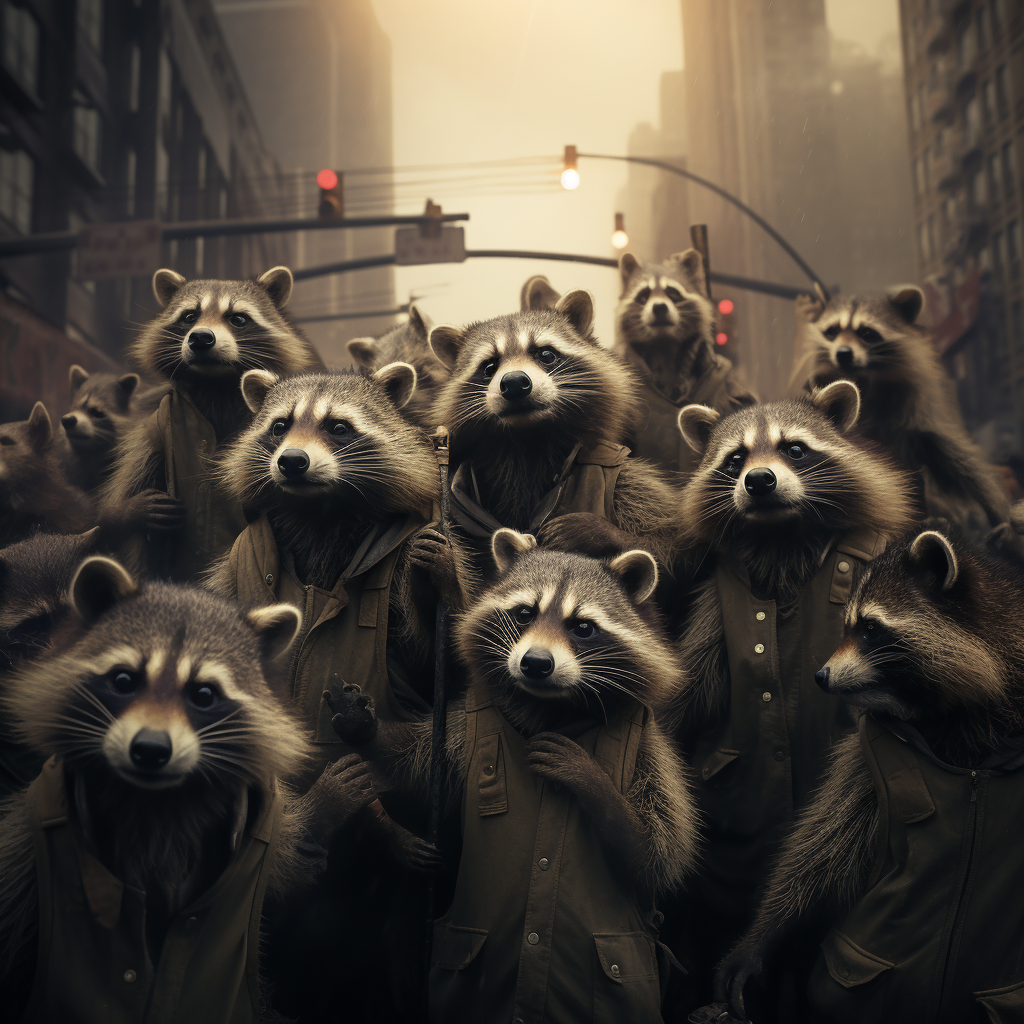 Raccoons roaming city streets at night