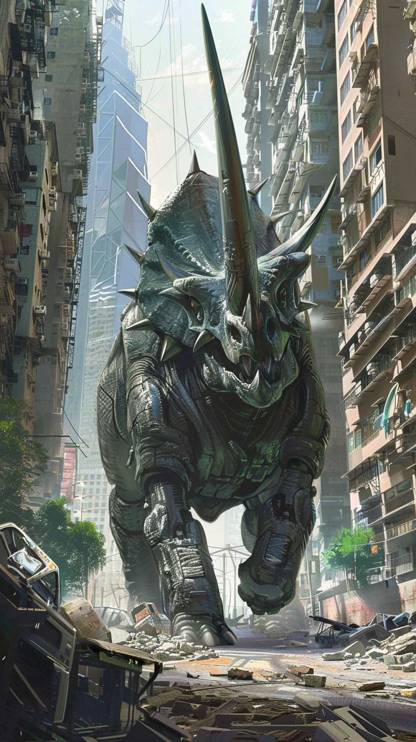 Robotized Triceratops in urban area