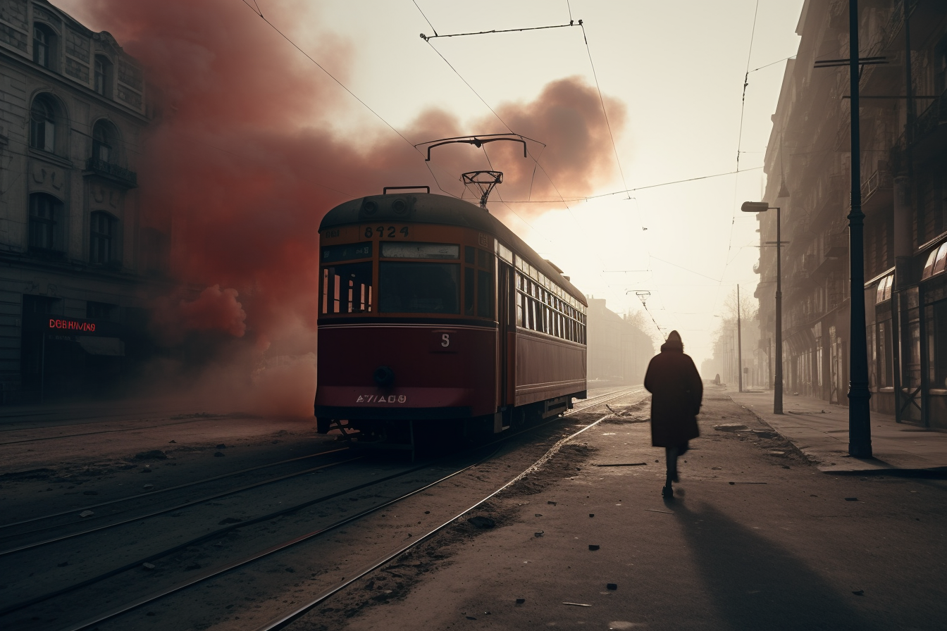 Scared woman nurse running in old tram during Warsaw Uprising