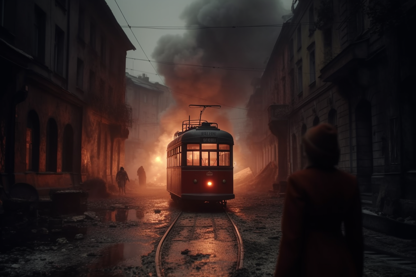 Scared woman nurse running in old tram