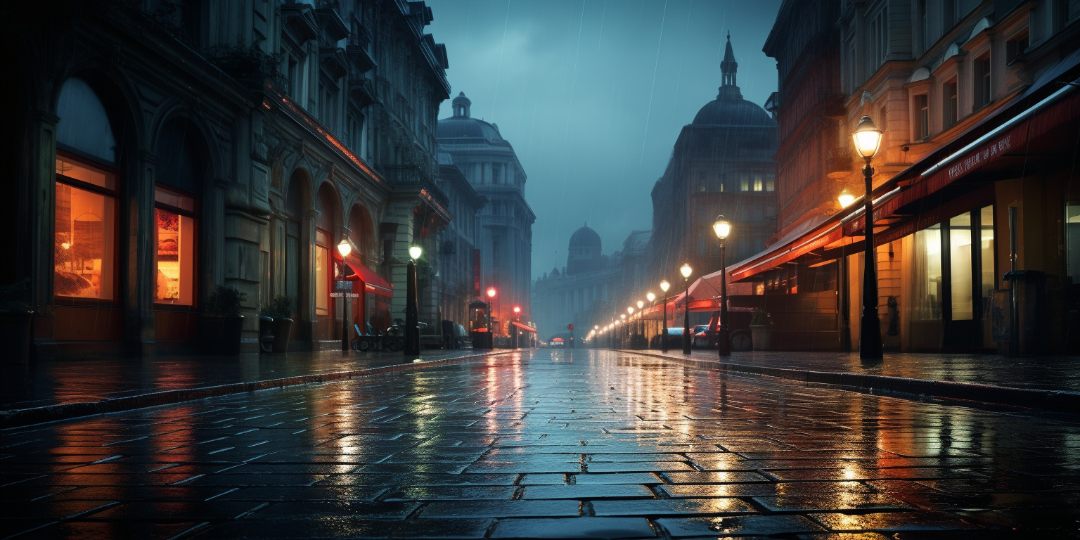 Running path in rain through city