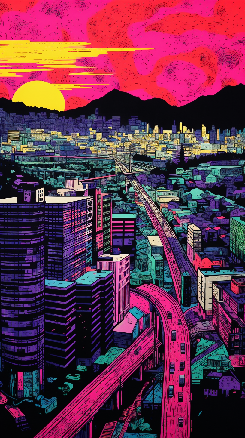 Urban Cityscape with Vibrant Neon Colors