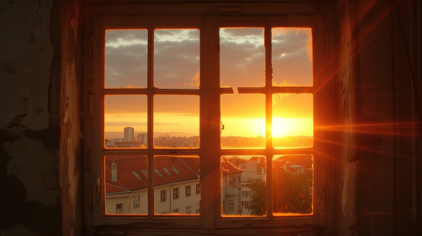 City sea sunset godrays window frames