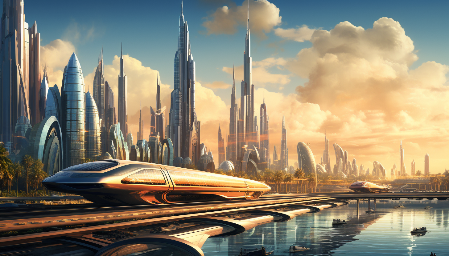 City skyline with Arabian structures and golden electric vehicle