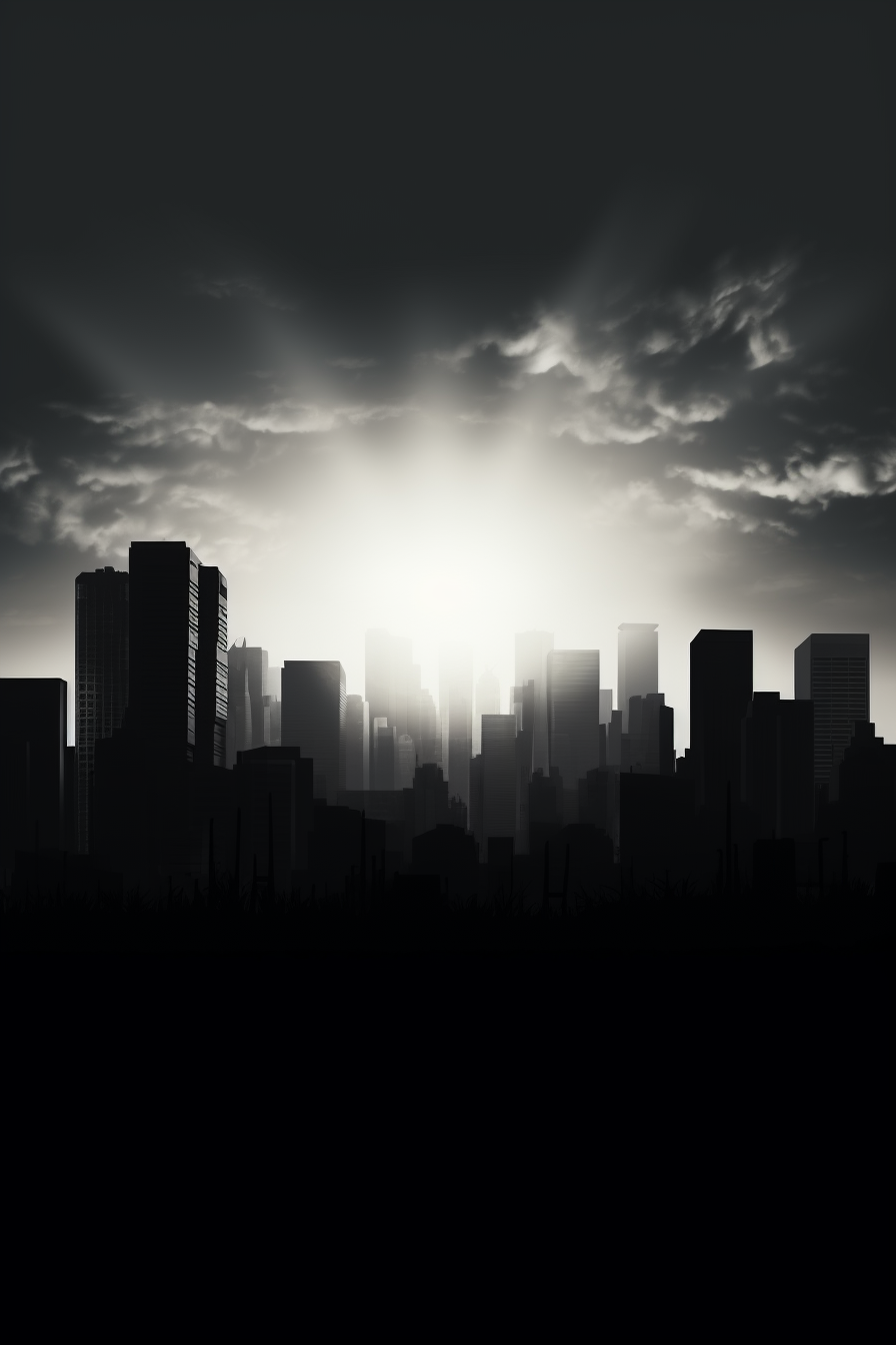 Silhouettes of city skyscrapers at dusk