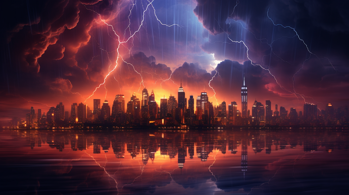 City skyline with lightning strikes at night