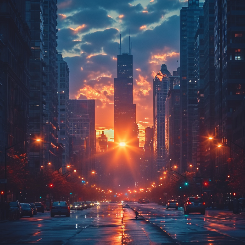 City skyline with rising sun and glowing traffic lights