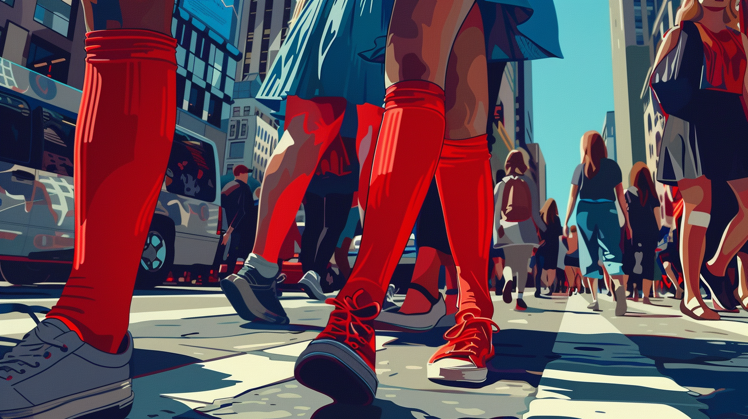 People with red socks on street