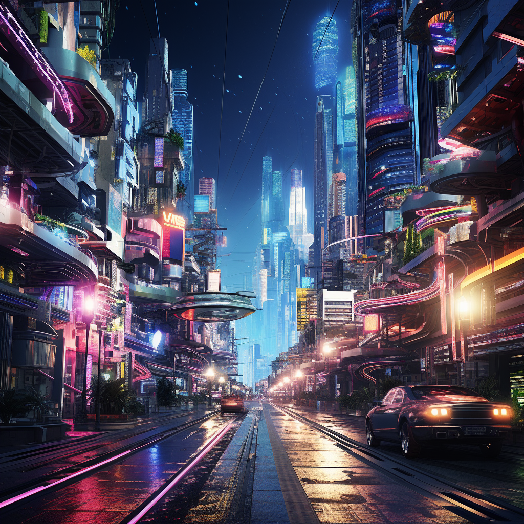 Futuristic city view with a psychedelic touch