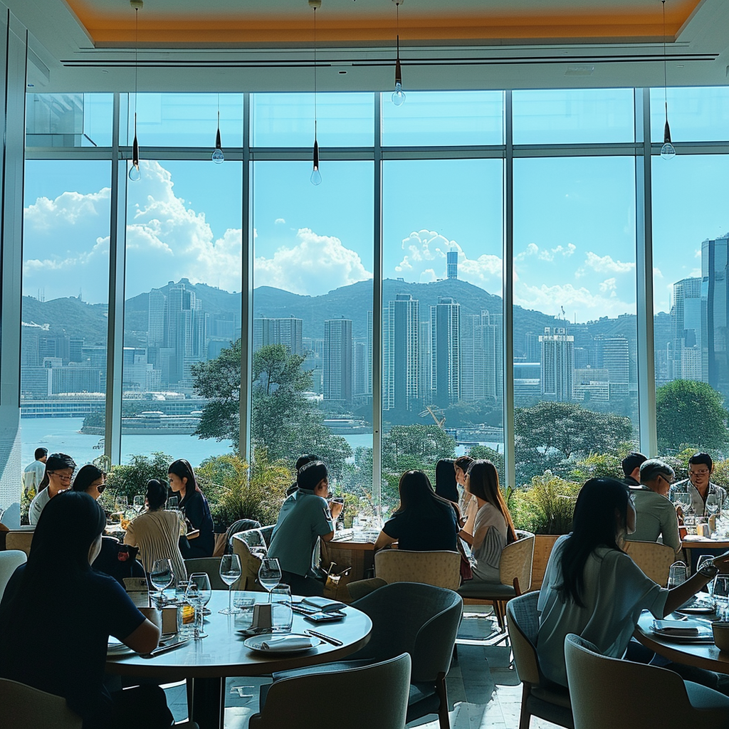 People drinking wine in city view restaurant