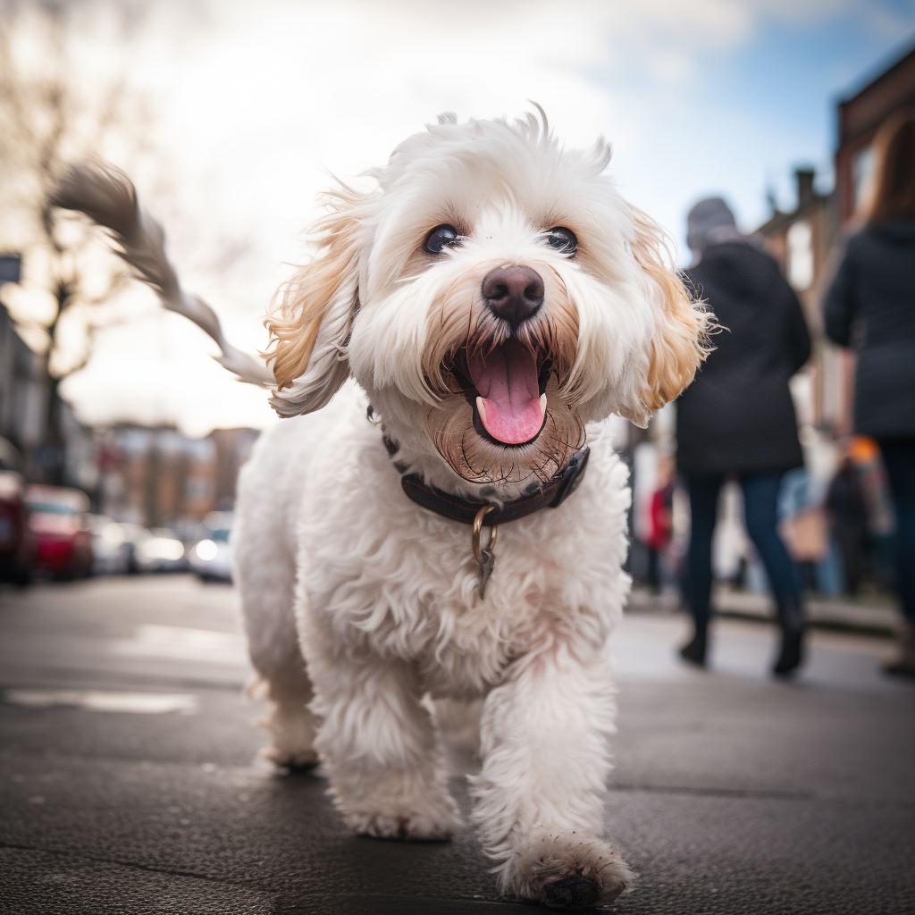 Cockapoo dog walking in the city with a smiling face