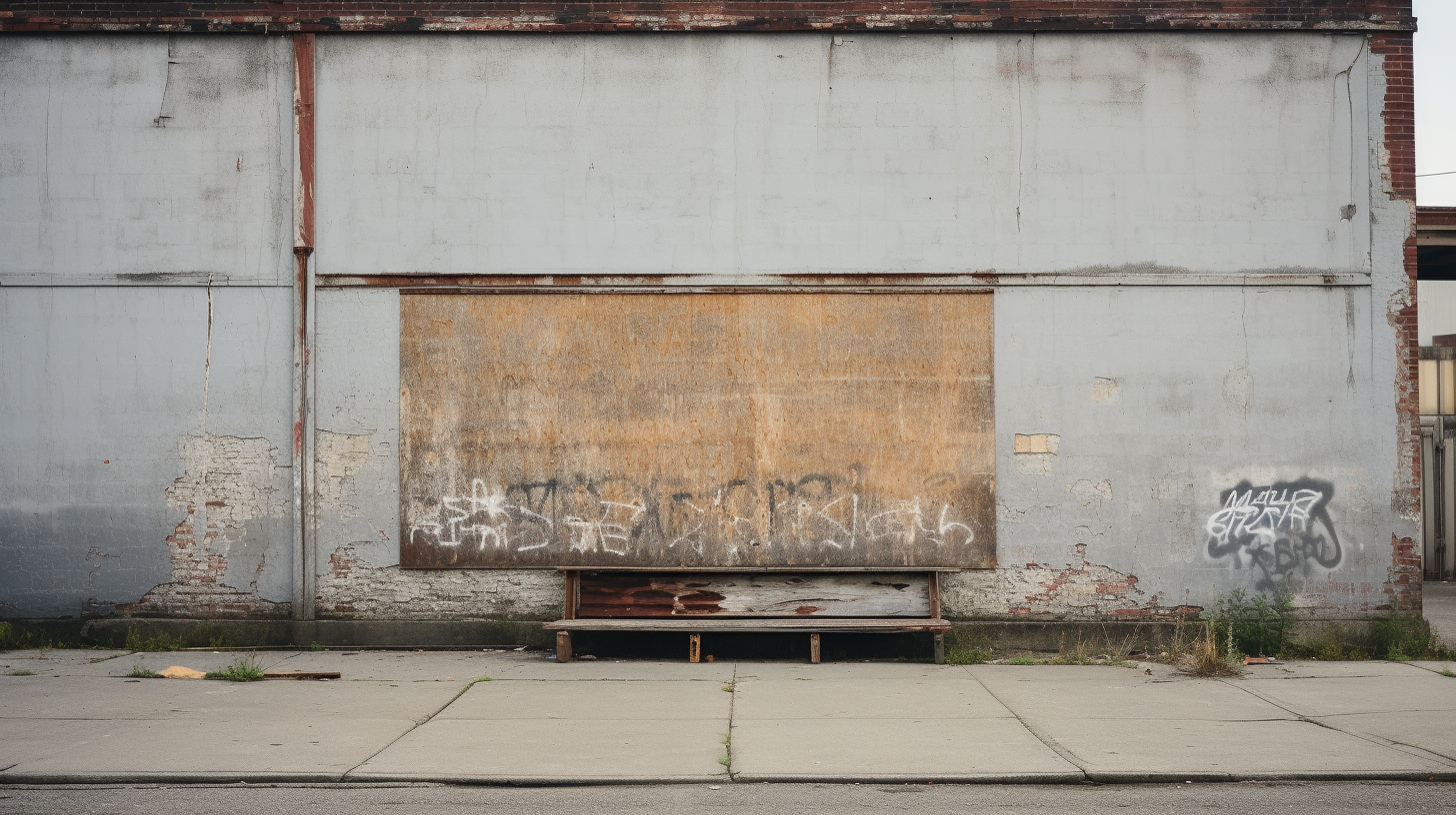 Weathered sign outside the abandoned commercial building