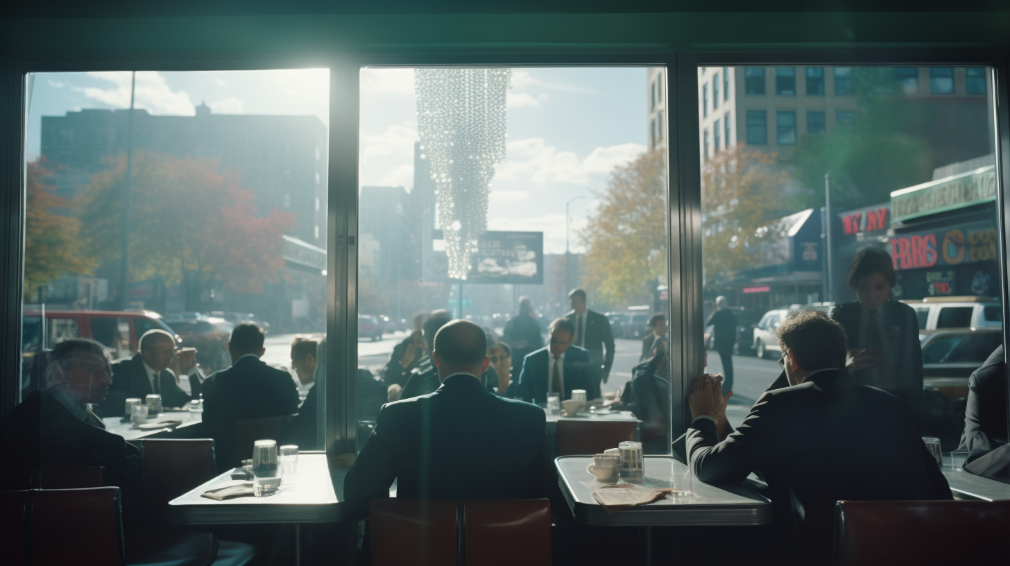 Bankers observing diner scene through window