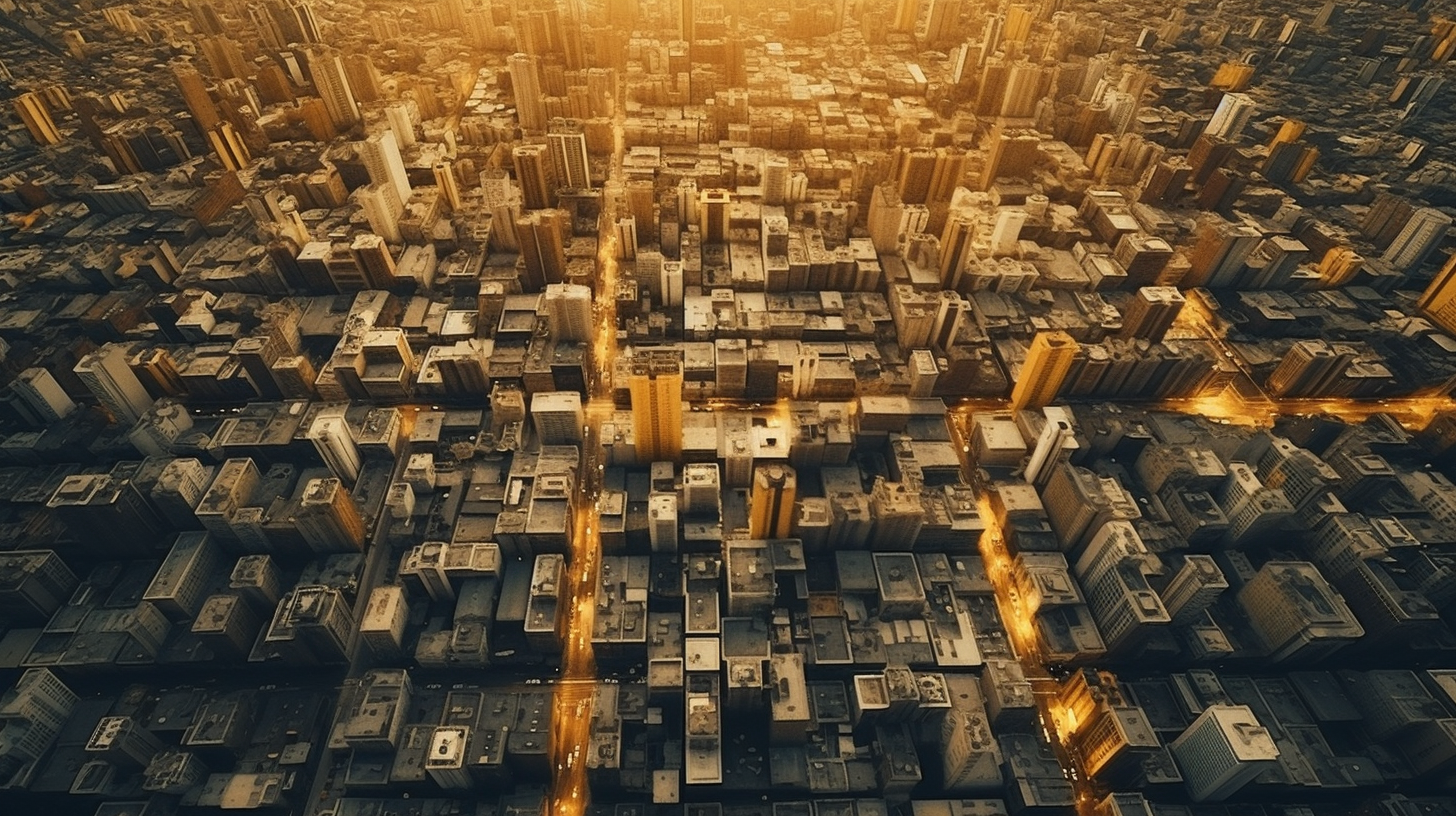 Aerial view of a dense city district with yellow details