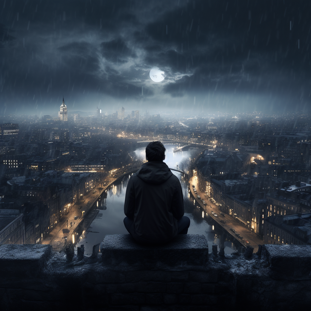 A guy overlooking a gloomy, yet happy cityscape