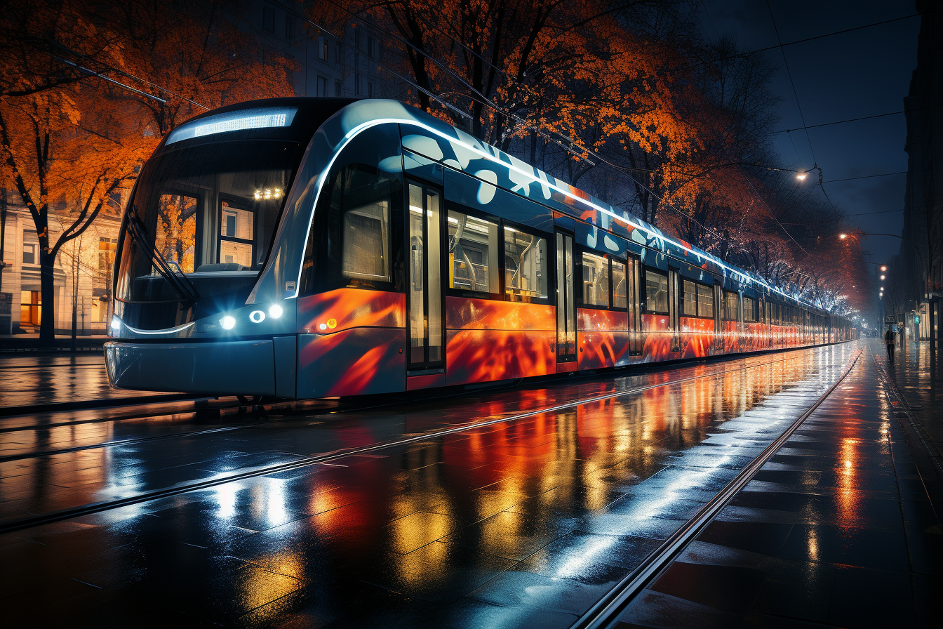 Long exposure of the city at night with a tram and waiting passers-by