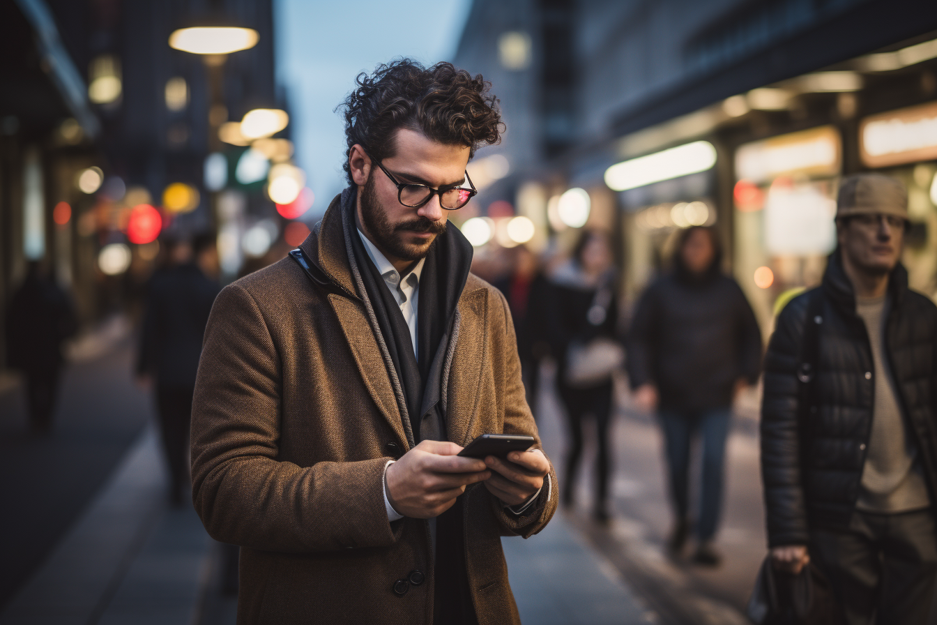 Man on Busy City Street Checking Phone